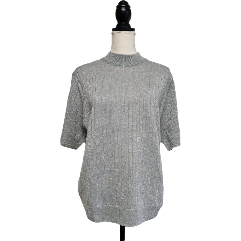 Vintage 90s Silver Sparkle Mock Neck Ribbed Knit Top Size XL Glitter Glam Office